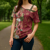 Hawaii Discoverers Day Cross Shoulder Shirt Tropical Hibiscus Glitter Crimson LT05 - Polynesian Pride