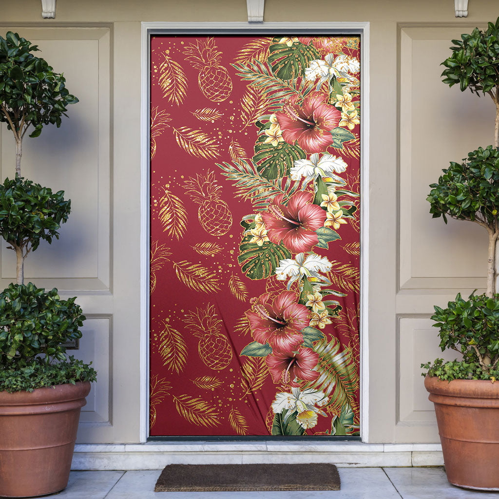 Hawaii Discoverers Day Door Cover Tropical Hibiscus Glitter Crimson LT05 Crimson - Polynesian Pride