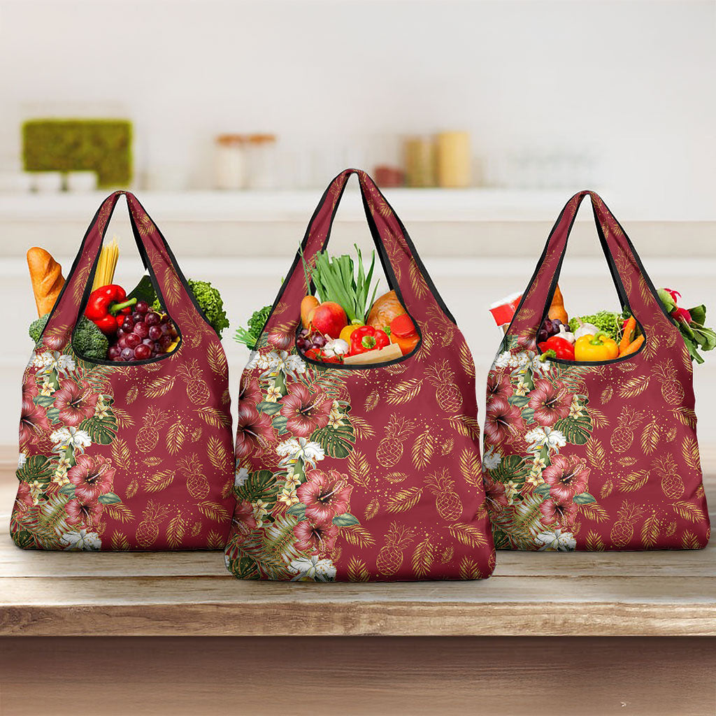 Hawaii Discoverers Day Grocery Bag Tropical Hibiscus Glitter Crimson LT05 3-pack One Size Crimson - Polynesian Pride