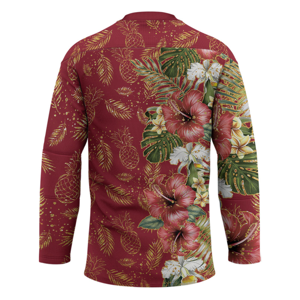 Hawaii Discoverers Day Hockey Jersey Tropical Hibiscus Glitter Crimson LT05 - Polynesian Pride