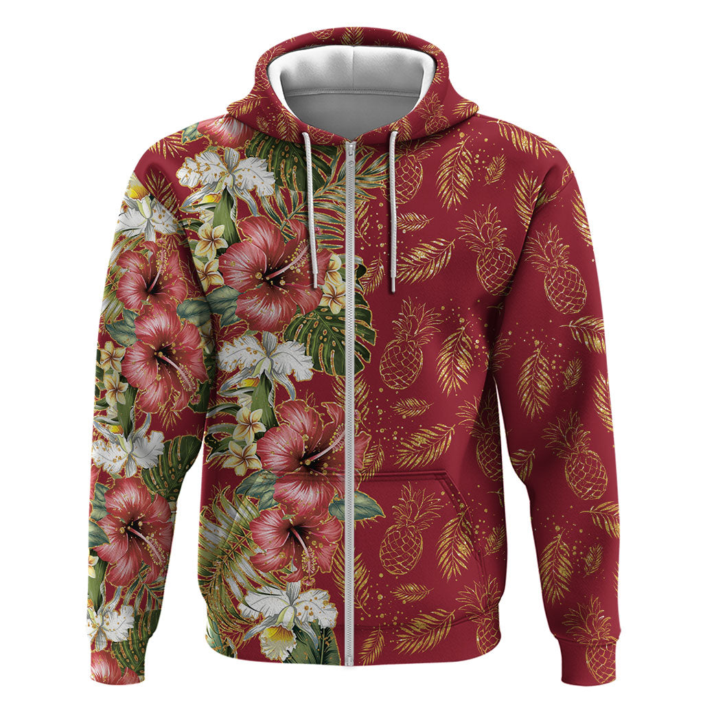 Hawaii Discoverers Day Hoodie Tropical Hibiscus Glitter Crimson LT05 Zip Hoodie Crimson - Polynesian Pride