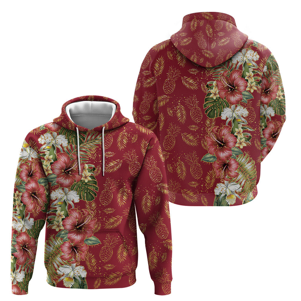 Hawaii Discoverers Day Hoodie Tropical Hibiscus Glitter Crimson LT05 - Polynesian Pride