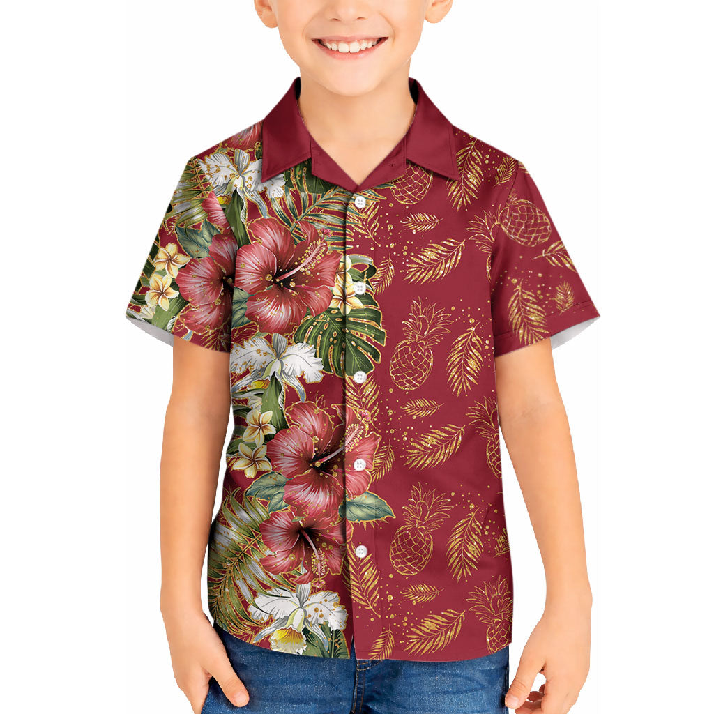 Hawaii Discoverers Day Kid Hawaiian Shirt Tropical Hibiscus Glitter Crimson LT05 Kid Crimson - Polynesian Pride
