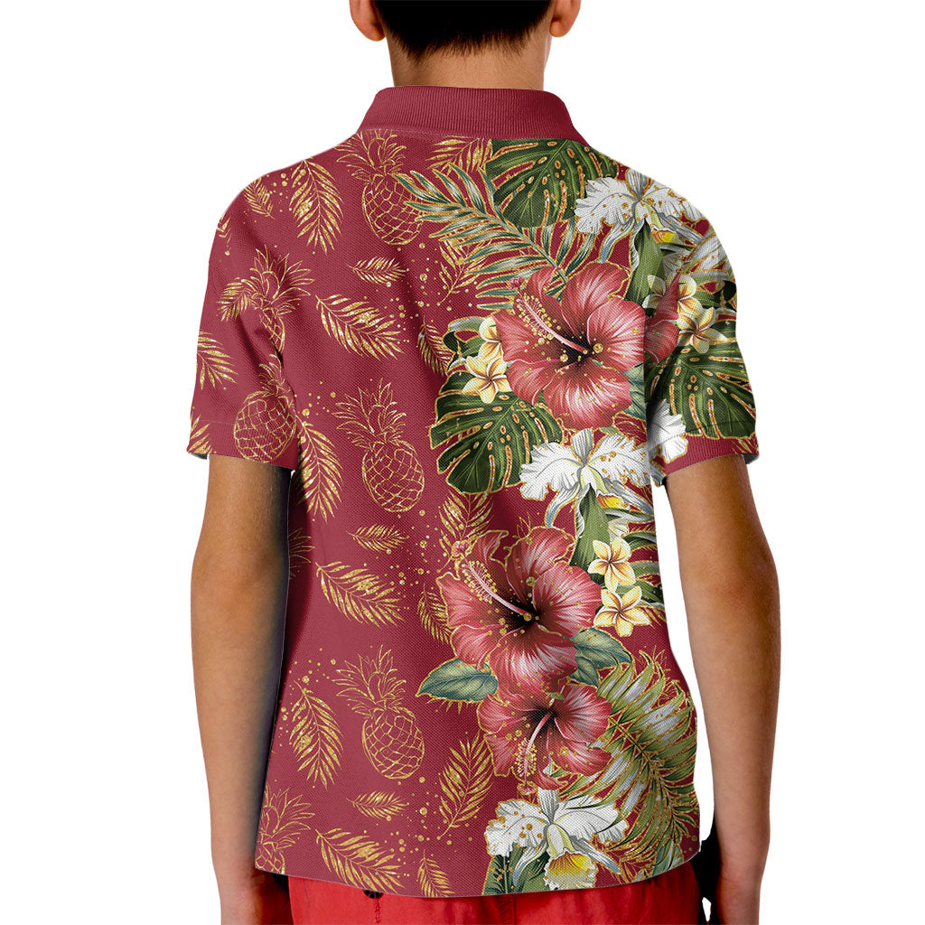 Hawaii Discoverers Day Kid Polo Shirt Tropical Hibiscus Glitter Crimson LT05 - Polynesian Pride