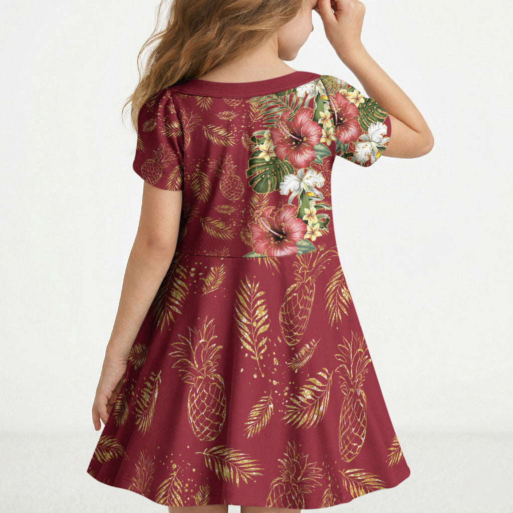 Hawaii Discoverers Day Kid Short Sleeve Dress Tropical Hibiscus Glitter Crimson LT05 - Polynesian Pride