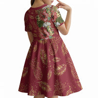 Hawaii Discoverers Day Kid Short Sleeve Dress Tropical Hibiscus Glitter Crimson LT05 - Polynesian Pride