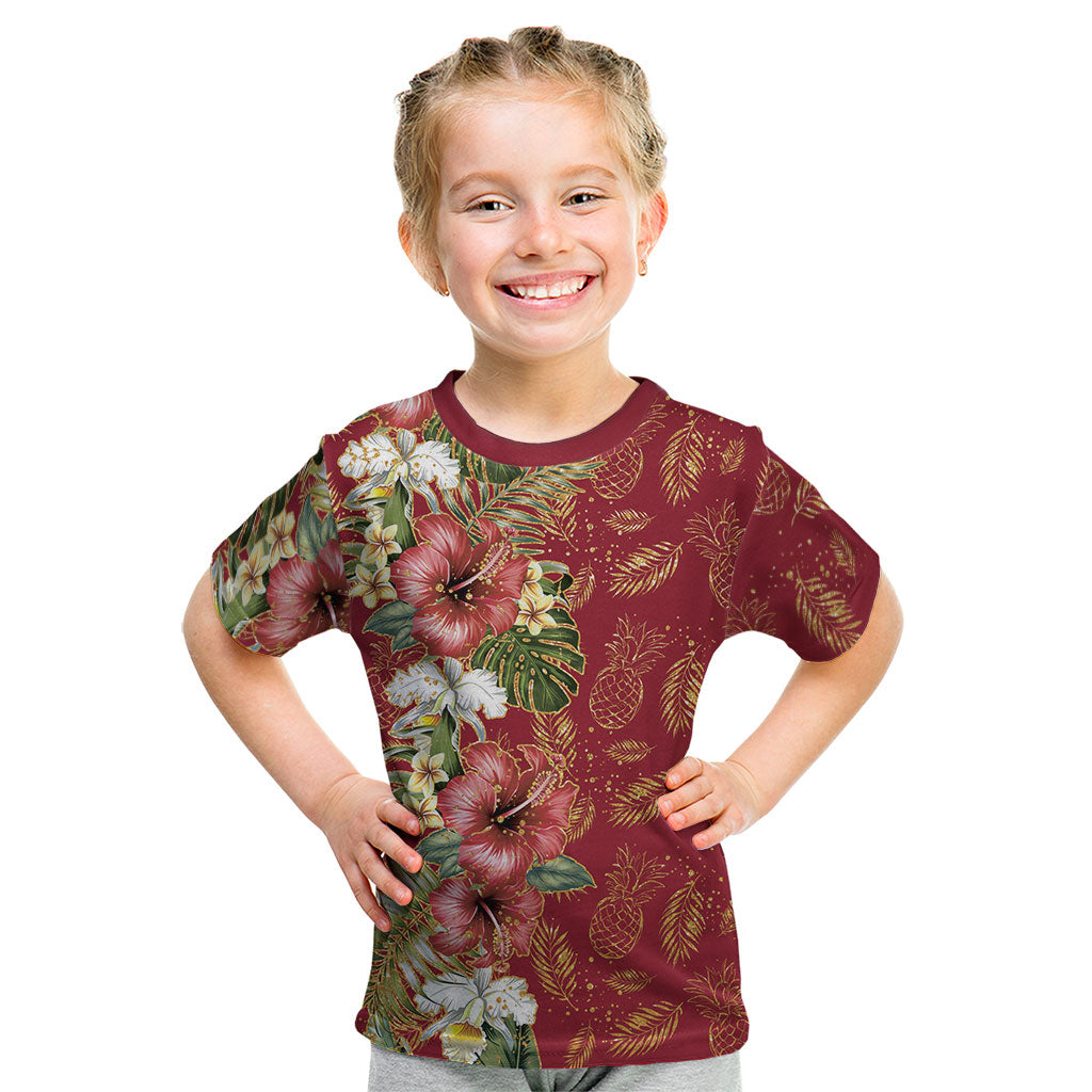 Hawaii Discoverers Day Kid T Shirt Tropical Hibiscus Glitter Crimson LT05 Crimson - Polynesian Pride
