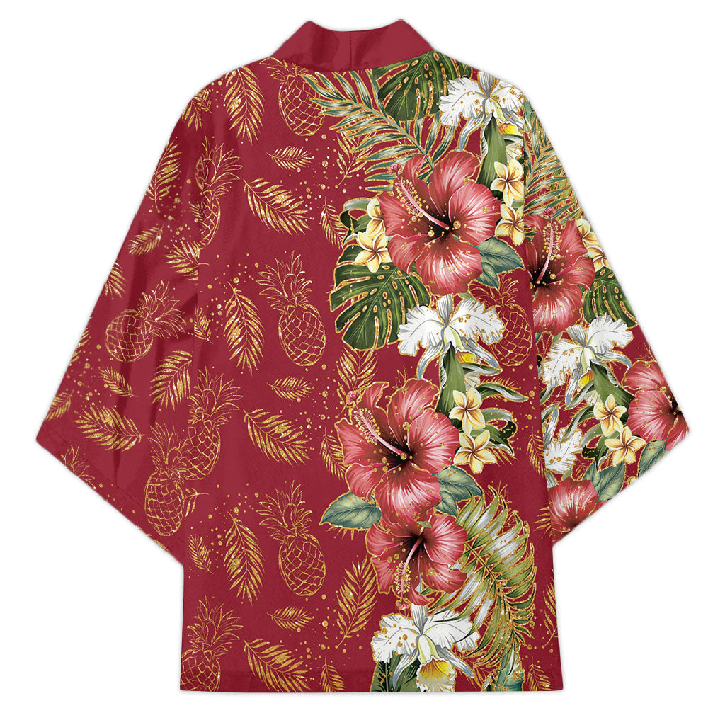 Hawaii Discoverers Day Kimono Tropical Hibiscus Glitter Crimson LT05 - Polynesian Pride