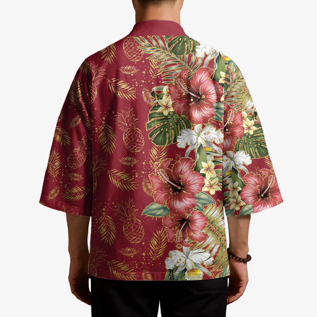 Hawaii Discoverers Day Kimono Tropical Hibiscus Glitter Crimson LT05 - Polynesian Pride