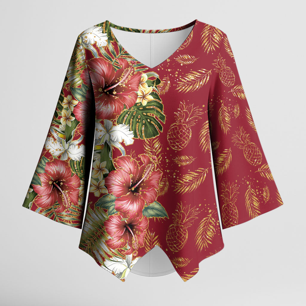 Hawaii Discoverers Day Kimono Sleeve Blouse Tropical Hibiscus Glitter Crimson LT05 Female Crimson - Polynesian Pride