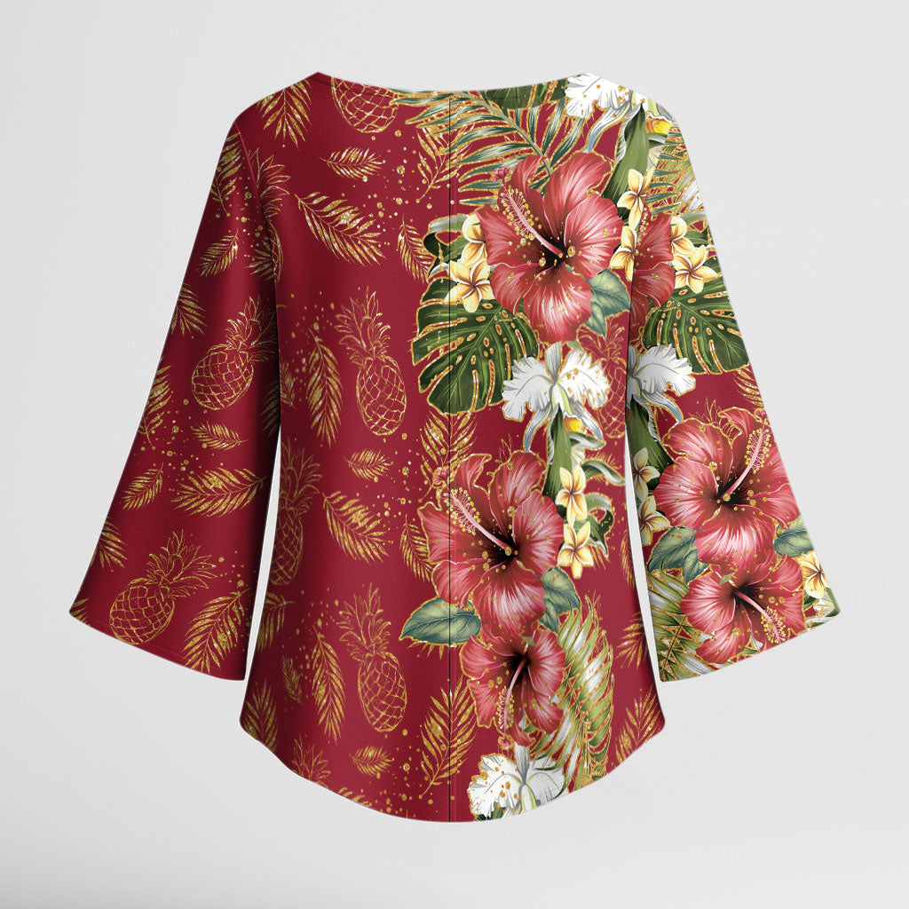 Hawaii Discoverers Day Kimono Sleeve Blouse Tropical Hibiscus Glitter Crimson LT05 - Polynesian Pride
