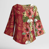 Hawaii Discoverers Day Kimono Sleeve Blouse Tropical Hibiscus Glitter Crimson LT05 - Polynesian Pride