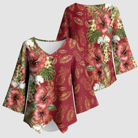 Hawaii Discoverers Day Kimono Sleeve Blouse Tropical Hibiscus Glitter Crimson LT05 - Polynesian Pride