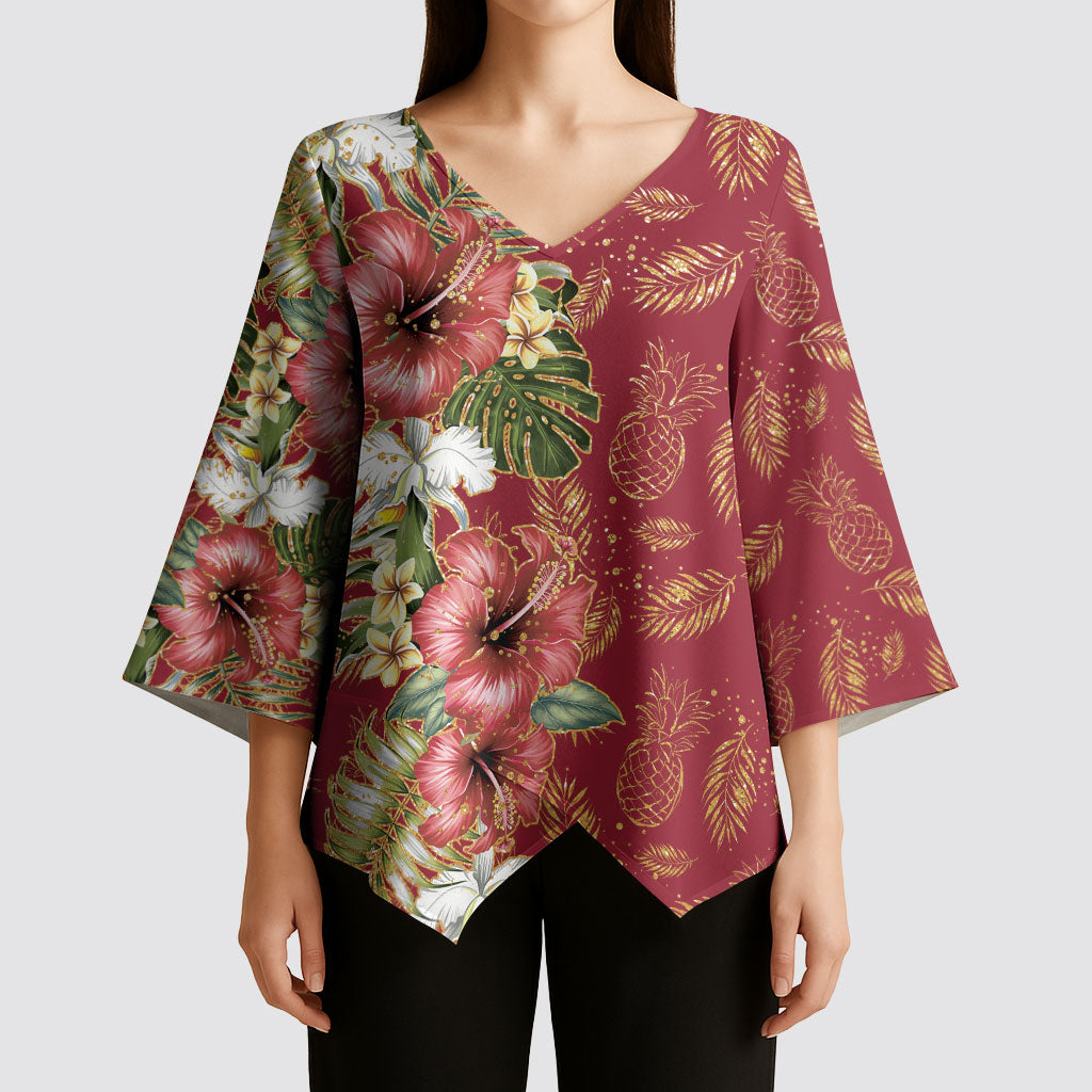 Hawaii Discoverers Day Kimono Sleeve Blouse Tropical Hibiscus Glitter Crimson LT05 - Polynesian Pride