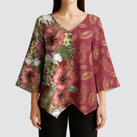 Hawaii Discoverers Day Kimono Sleeve Blouse Tropical Hibiscus Glitter Crimson LT05 - Polynesian Pride