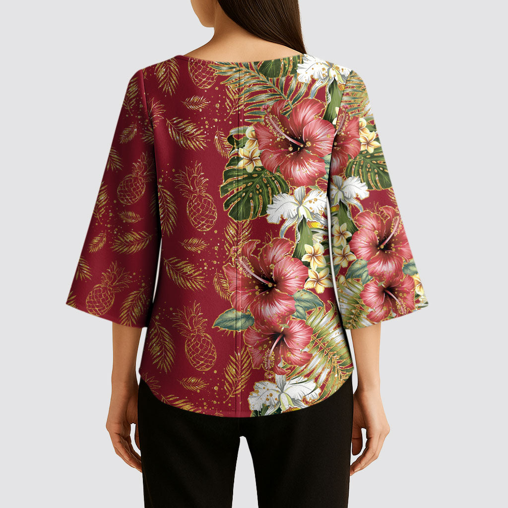 Hawaii Discoverers Day Kimono Sleeve Blouse Tropical Hibiscus Glitter Crimson LT05 - Polynesian Pride