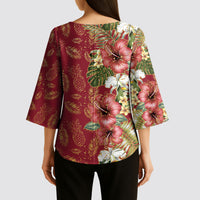 Hawaii Discoverers Day Kimono Sleeve Blouse Tropical Hibiscus Glitter Crimson LT05 - Polynesian Pride