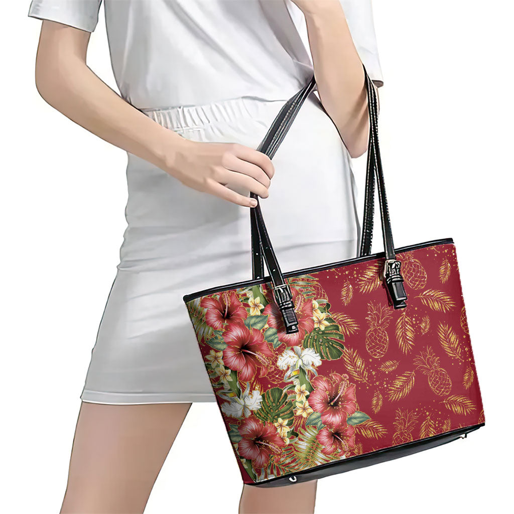 Hawaii Discoverers Day Leather Tote Bag Tropical Hibiscus Glitter Crimson LT05 - Polynesian Pride