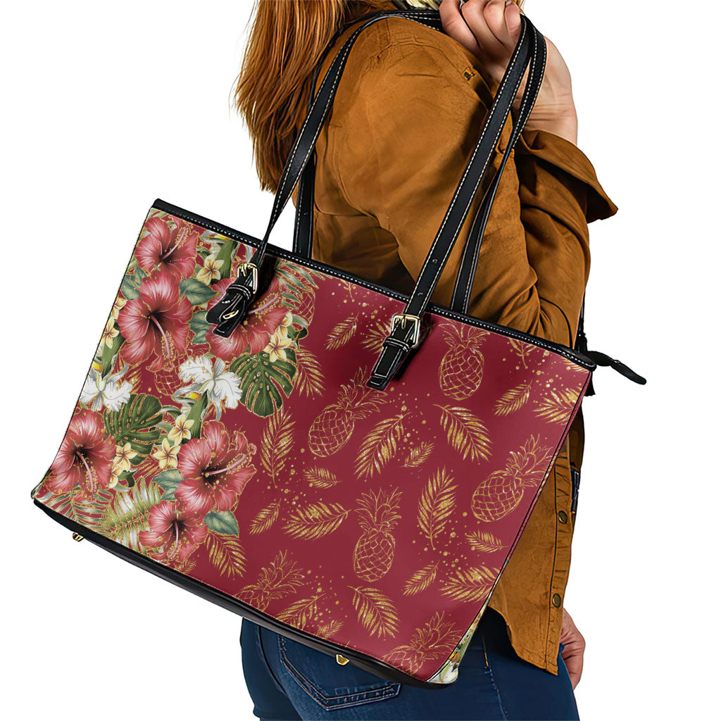 Hawaii Discoverers Day Leather Tote Bag Tropical Hibiscus Glitter Crimson LT05 - Polynesian Pride