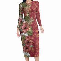 Hawaii Discoverers Day Long Sleeve Bodycon Dress Tropical Hibiscus Glitter Crimson LT05 Long Dress Crimson - Polynesian Pride