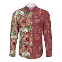 Hawaii Discoverers Day Long Sleeve Button Shirt Tropical Hibiscus Glitter Crimson LT05 Unisex Crimson - Polynesian Pride