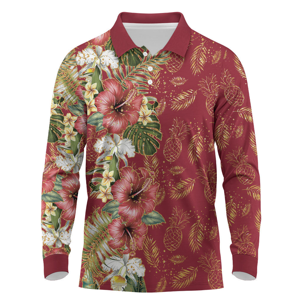 Hawaii Discoverers Day Long Sleeve Polo Shirt Tropical Hibiscus Glitter Crimson LT05 Crimson - Polynesian Pride