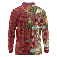 Hawaii Discoverers Day Long Sleeve Polo Shirt Tropical Hibiscus Glitter Crimson LT05 - Polynesian Pride