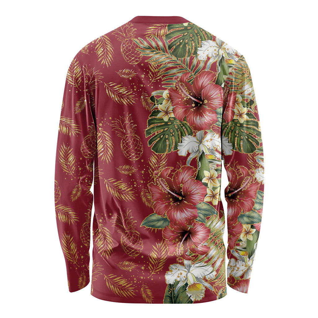 Hawaii Discoverers Day Long Sleeve Shirt Tropical Hibiscus Glitter Crimson LT05 - Polynesian Pride