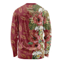Hawaii Discoverers Day Long Sleeve Shirt Tropical Hibiscus Glitter Crimson LT05 - Polynesian Pride