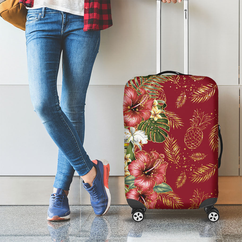 Hawaii Discoverers Day Luggage Cover Tropical Hibiscus Glitter Crimson LT05 - Polynesian Pride