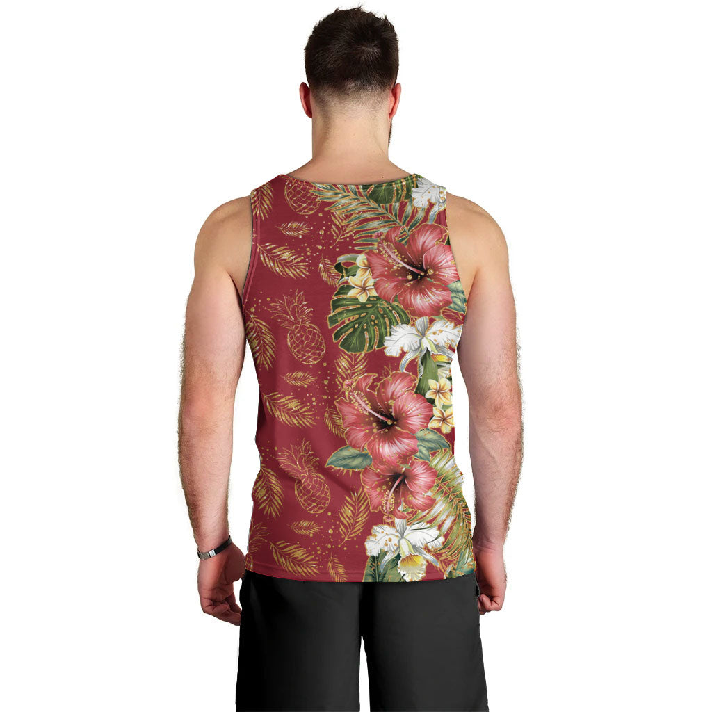 Hawaii Discoverers Day Men Tank Top Tropical Hibiscus Glitter Crimson LT05 - Polynesian Pride