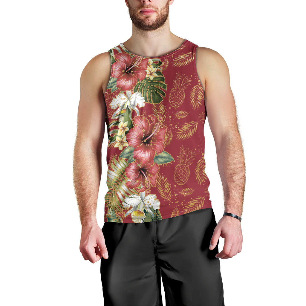 Hawaii Discoverers Day Men Tank Top Tropical Hibiscus Glitter Crimson LT05 - Polynesian Pride