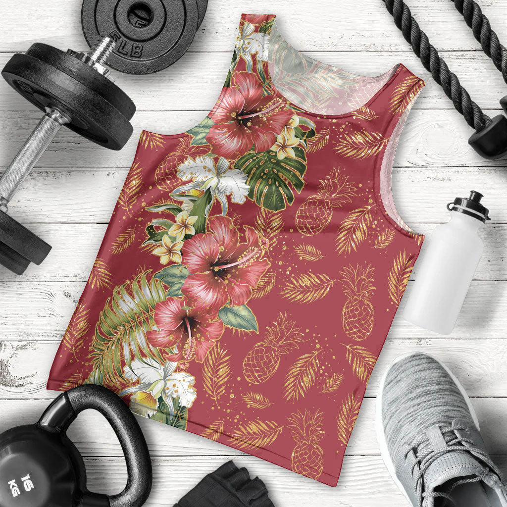 Hawaii Discoverers Day Men Tank Top Tropical Hibiscus Glitter Crimson LT05 - Polynesian Pride