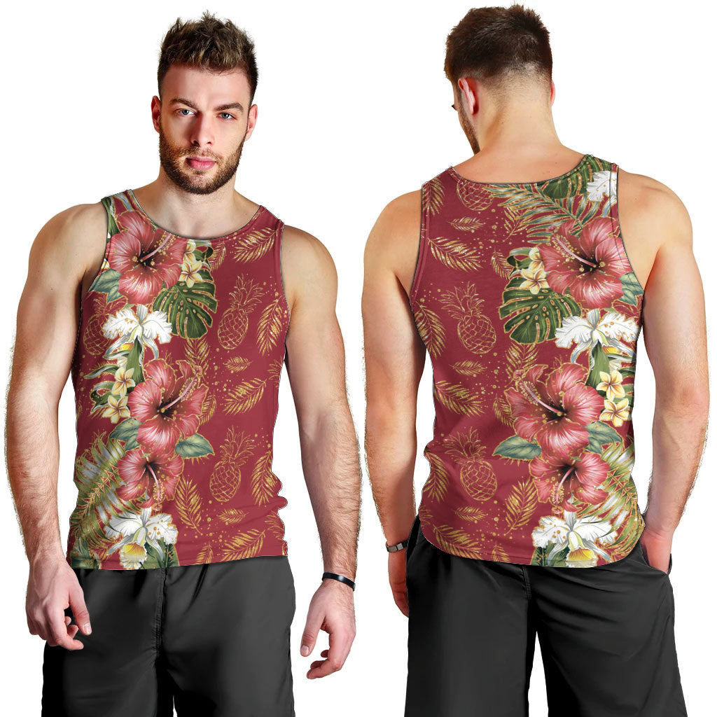Hawaii Discoverers Day Men Tank Top Tropical Hibiscus Glitter Crimson LT05 - Polynesian Pride