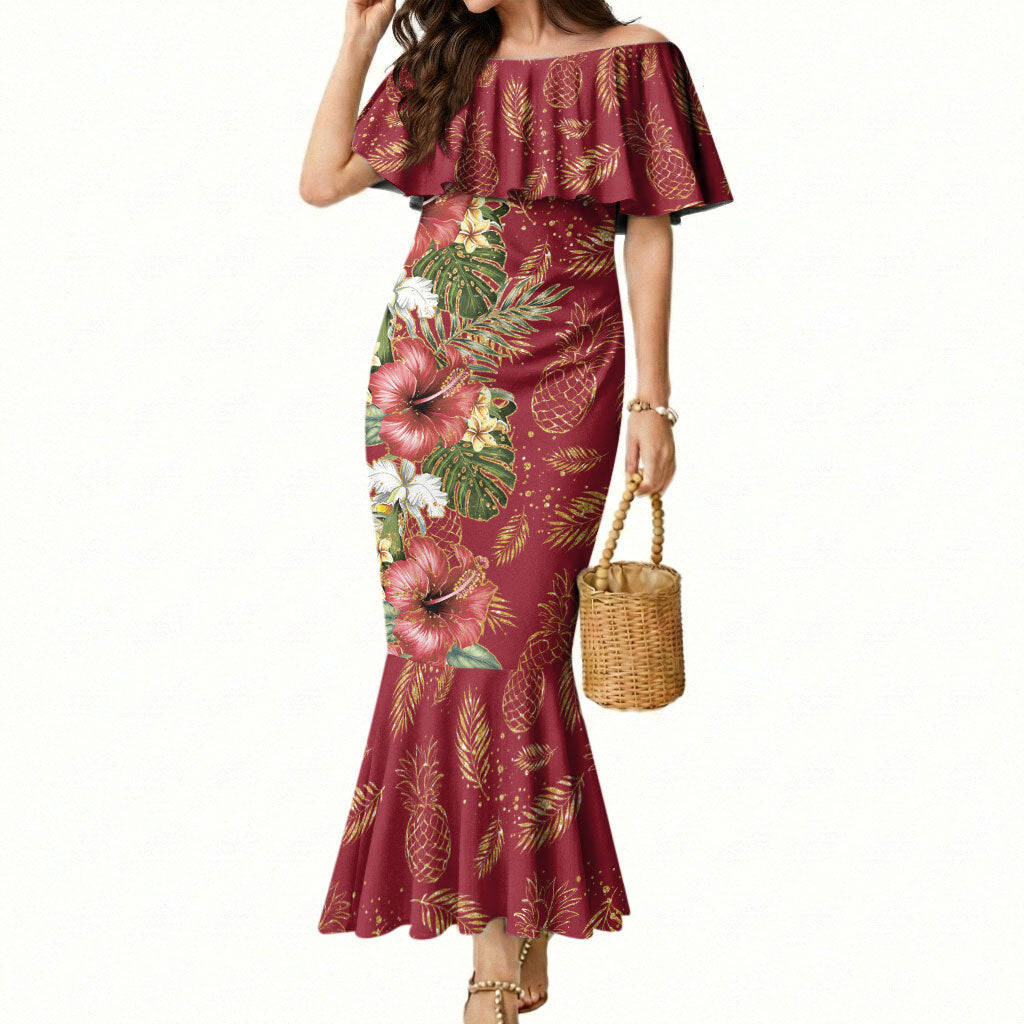 Hawaii Discoverers Day Mermaid Dress Tropical Hibiscus Glitter Crimson LT05 Women Crimson - Polynesian Pride