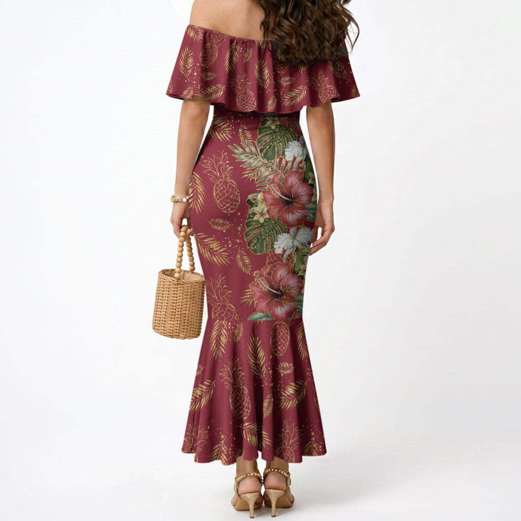 Hawaii Discoverers Day Mermaid Dress Tropical Hibiscus Glitter Crimson LT05 - Polynesian Pride