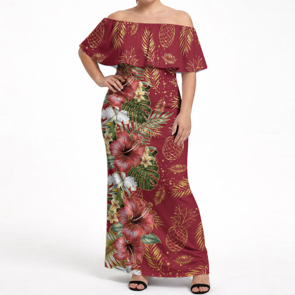 Hawaii Discoverers Day Off Shoulder Maxi Dress Tropical Hibiscus Glitter Crimson LT05 Women Crimson - Polynesian Pride