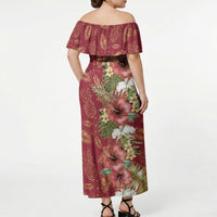 Hawaii Discoverers Day Off Shoulder Maxi Dress Tropical Hibiscus Glitter Crimson LT05 - Polynesian Pride