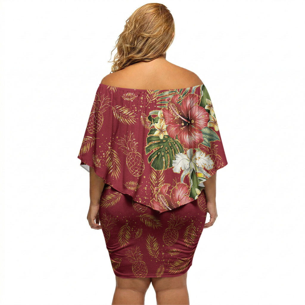 Hawaii Discoverers Day Off Shoulder Short Dress Tropical Hibiscus Glitter Crimson LT05 - Polynesian Pride