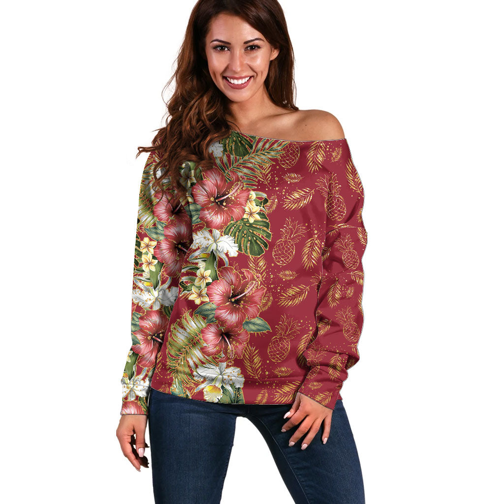 Hawaii Discoverers Day Off Shoulder Sweater Tropical Hibiscus Glitter Crimson LT05 Women Crimson - Polynesian Pride