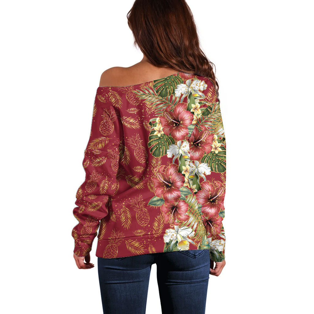 Hawaii Discoverers Day Off Shoulder Sweater Tropical Hibiscus Glitter Crimson LT05 - Polynesian Pride