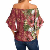Hawaii Discoverers Day Off Shoulder Wrap Waist Top Tropical Hibiscus Glitter Crimson LT05 - Polynesian Pride