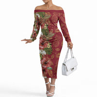 Hawaii Discoverers Day Off The Shoulder Long Sleeve Dress Tropical Hibiscus Glitter Crimson LT05 Women Crimson - Polynesian Pride