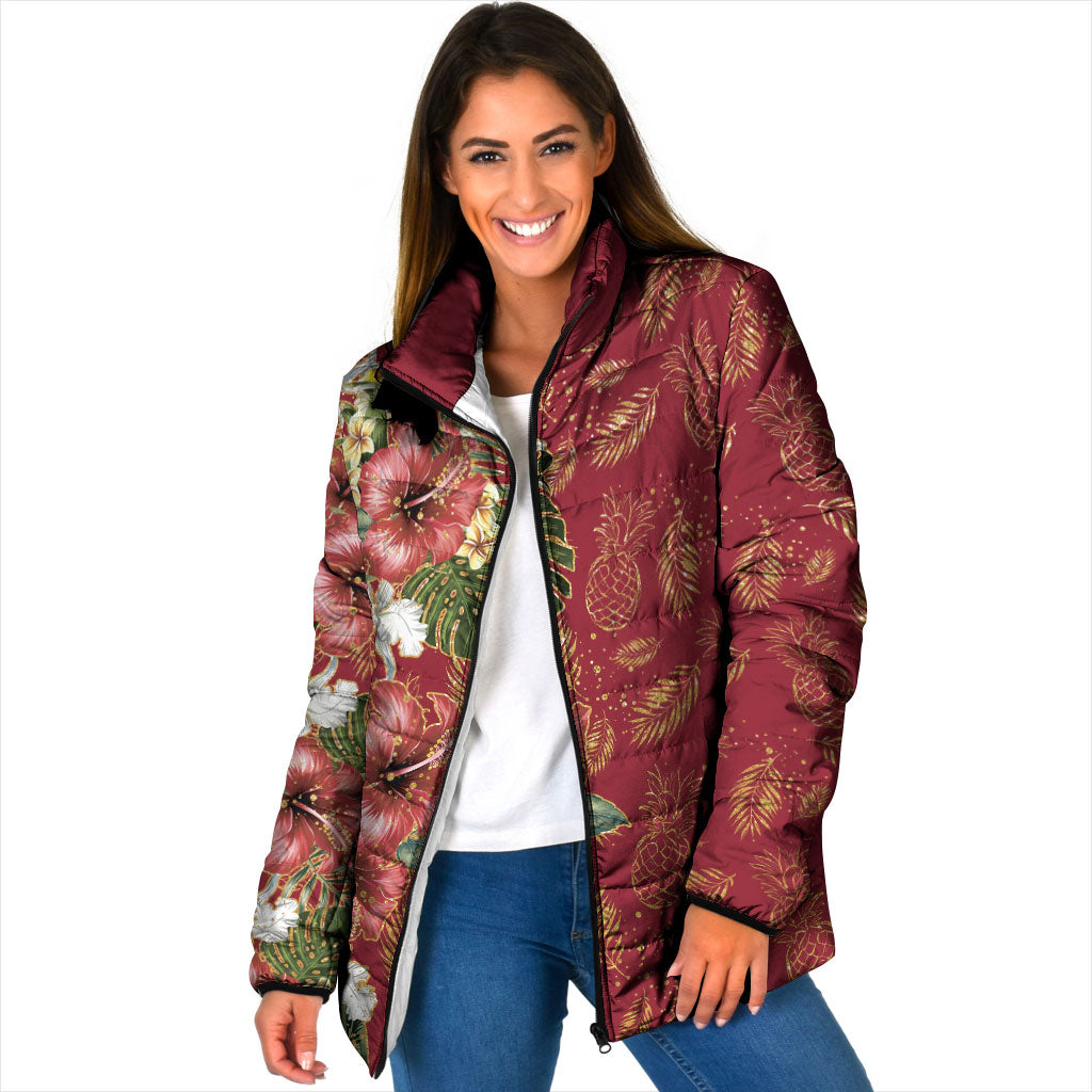 Hawaii Discoverers Day Padded Jacket Tropical Hibiscus Glitter Crimson LT05 Women Crimson - Polynesian Pride