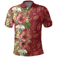 Hawaii Discoverers Day Polo Shirt Tropical Hibiscus Glitter Crimson LT05 Crimson - Polynesian Pride