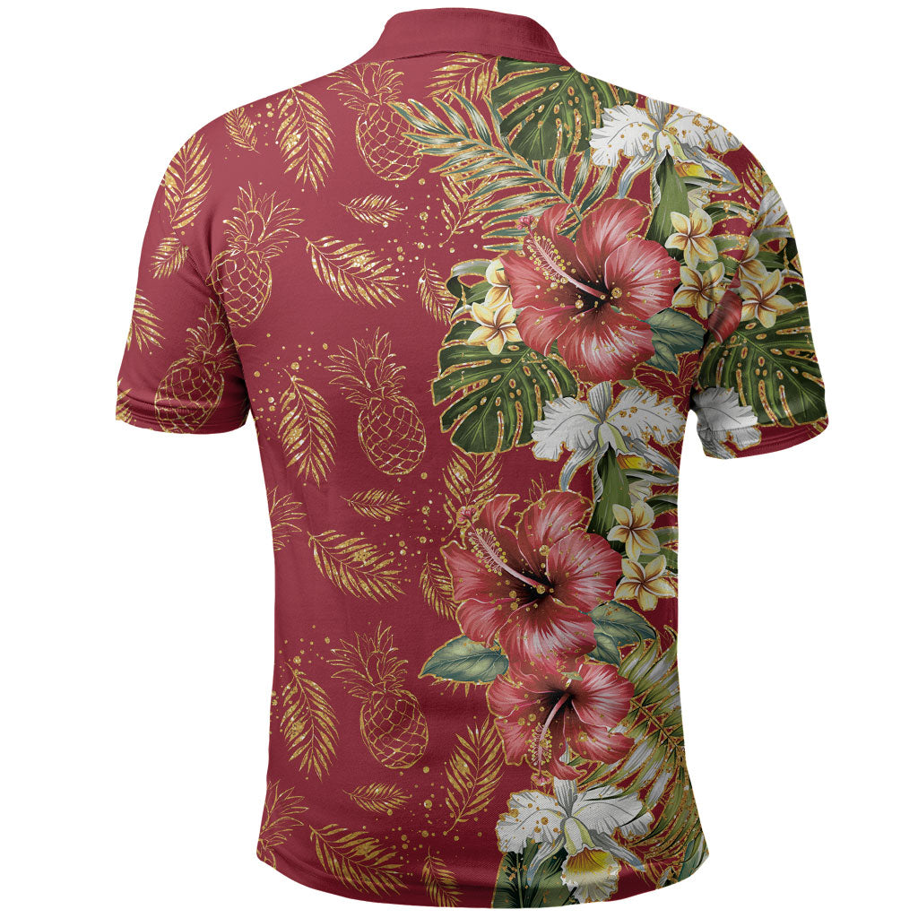 Hawaii Discoverers Day Polo Shirt Tropical Hibiscus Glitter Crimson LT05 - Polynesian Pride