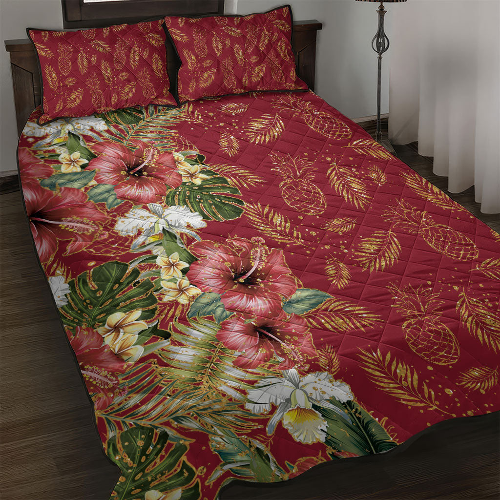 Hawaii Discoverers Day Quilt Bed Set Tropical Hibiscus Glitter Crimson LT05 Crimson - Polynesian Pride