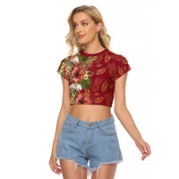 Hawaii Discoverers Day Raglan Cropped T Shirt Tropical Hibiscus Glitter Crimson LT05 Female Crimson - Polynesian Pride