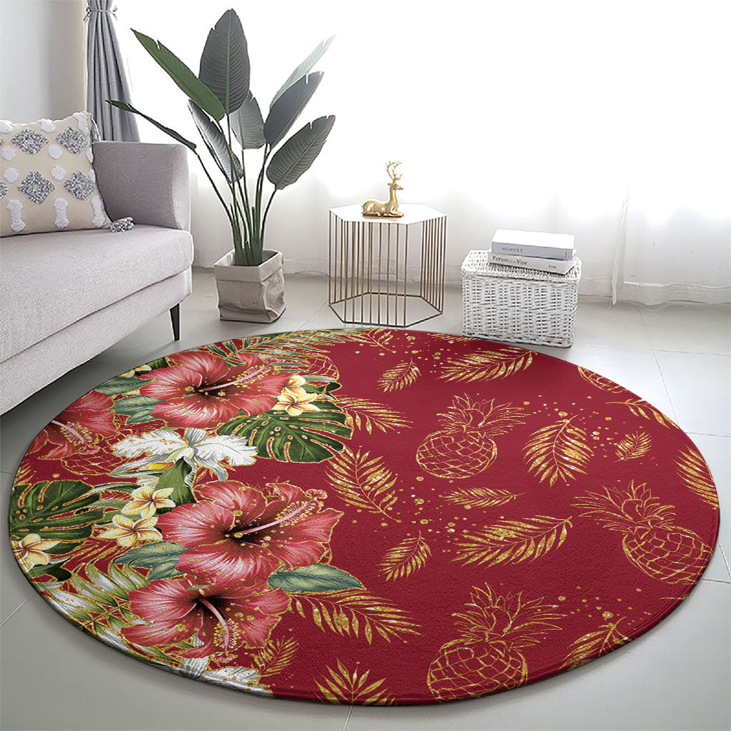 Hawaii Discoverers Day Round Carpet Tropical Hibiscus Glitter Crimson LT05 - Polynesian Pride