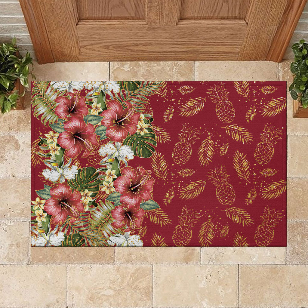 Hawaii Discoverers Day Rubber Doormat Tropical Hibiscus Glitter Crimson LT05 Crimson - Polynesian Pride